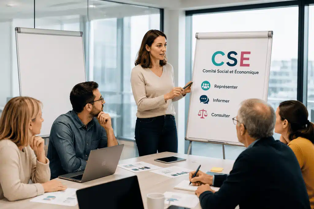 Une formatrice anime une session de formation pour les élus d'un organisme de formation CSE agréé, présentant les missions de représentation, d'information et de consultation.