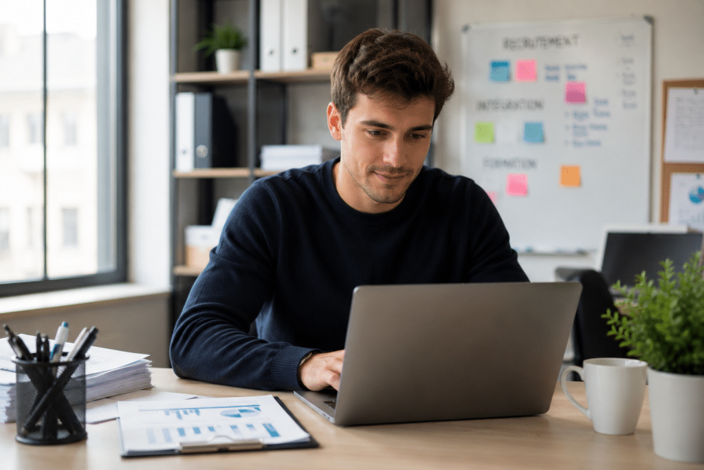 Jeune chargé RH en alternance travaillant sur des missions de ressources humaines dans un environnement professionnel.